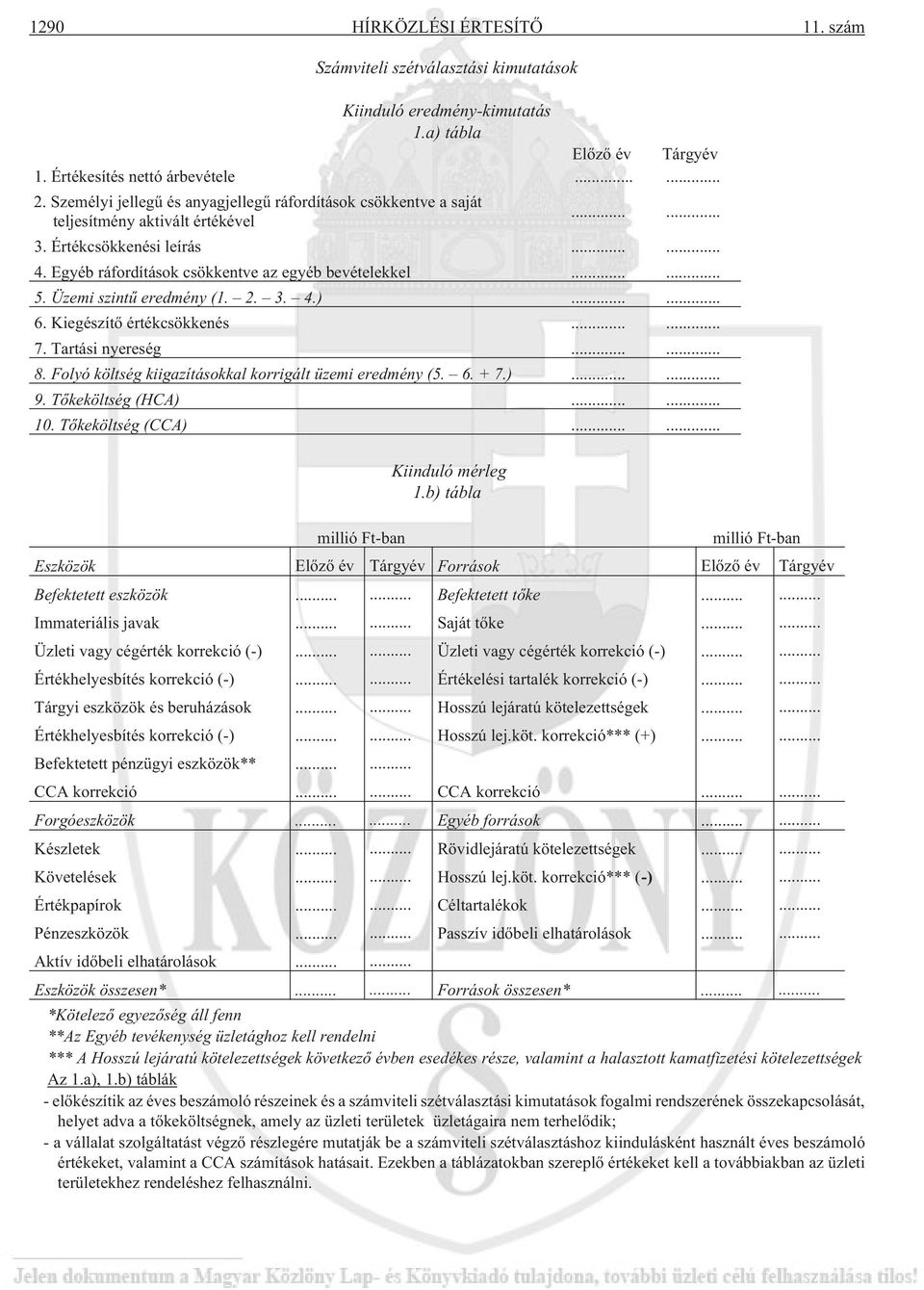 Üzemi szintû eredmény (1. 2. 3. 4.)...... 6. Kiegészítõ értékcsökkenés...... 7. Tartási nyereség...... 8. Folyó költség kiigazításokkal korrigált üzemi eredmény (5. 6. + 7.)...... 9.