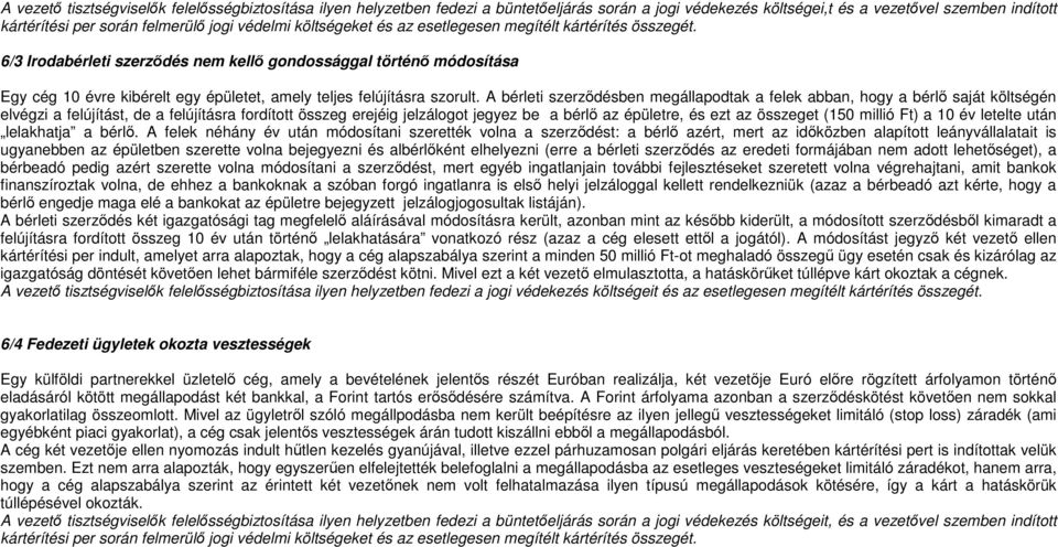 6/3 Irodabérleti szerződés nem kellő gondossággal történő módosítása Egy cég 10 évre kibérelt egy épületet, amely teljes felújításra szorult.