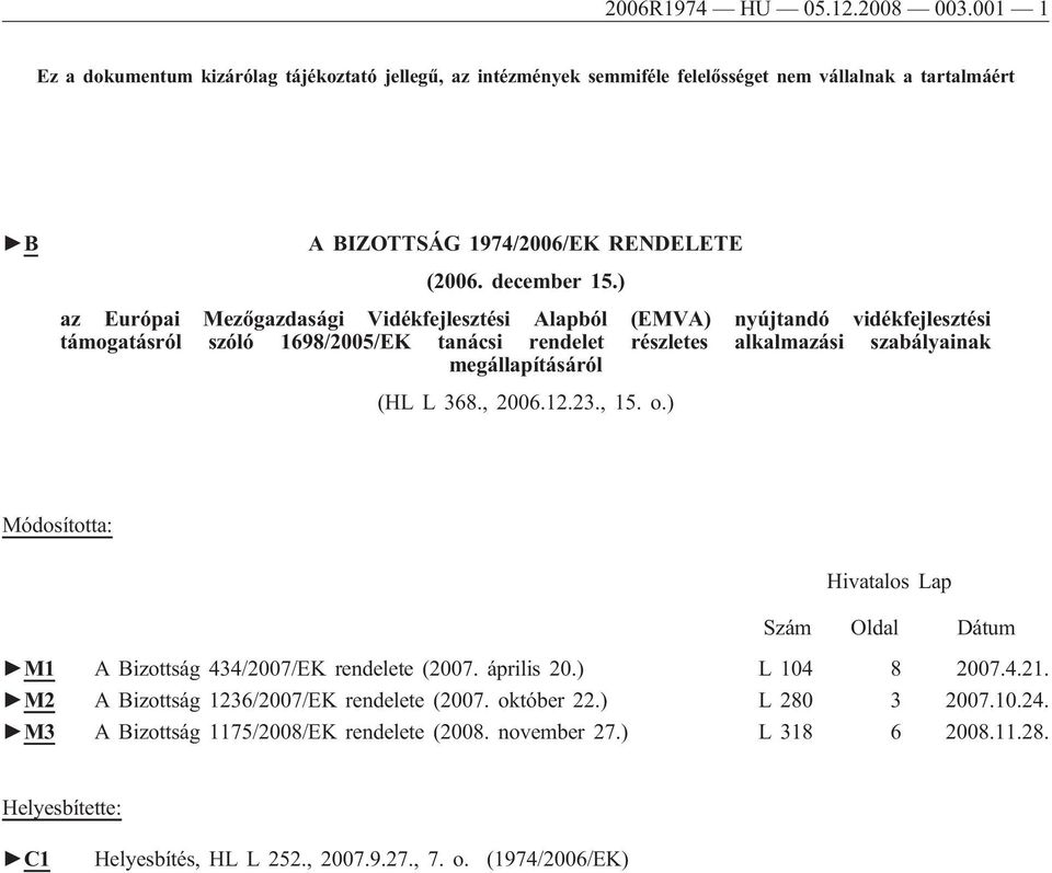 ) az Európai Mezőgazdasági Vidékfejlesztési Alapból (EMVA) nyújtandó vidékfejlesztési támogatásról szóló 1698/2005/EK tanácsi rendelet részletes alkalmazási szabályainak megállapításáról (HL L