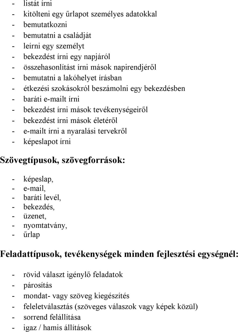 nyaralási tervekről - képeslapot írni Szövegtípusok, szövegforrások: - képeslap, - e-mail, - baráti levél, - bekezdés, - üzenet, - nyomtatvány, - űrlap Feladattípusok, tevékenységek minden