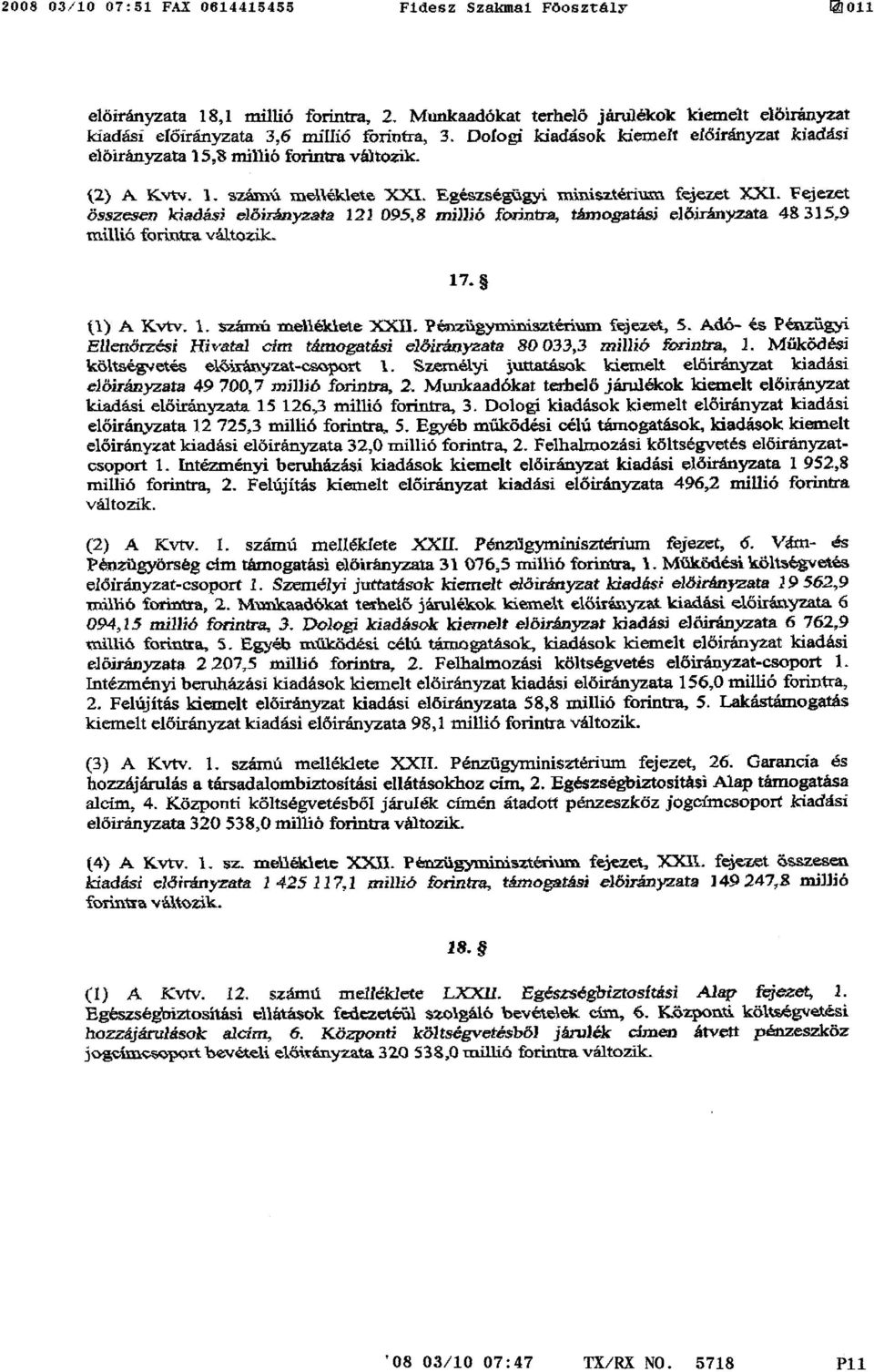 Fejezet összesen kiadási előirányzata 121 095,8 millió forintra, támogatási e]óárártrzsta 48 315, 9 millió fozizitra változik- 17. (1) A Kvtv. I. számú melléklete FII.