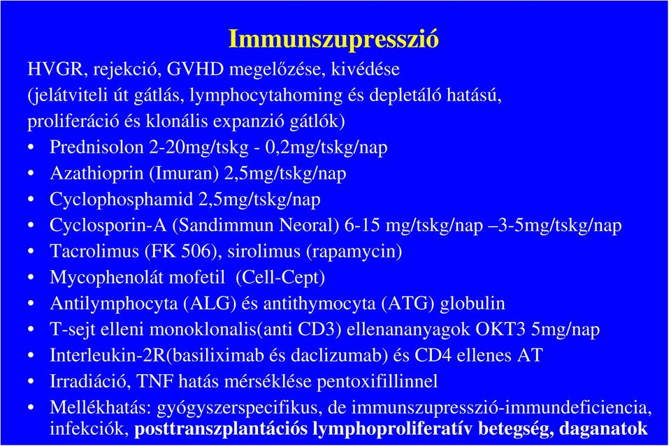 Mycophenolát mofetil (Cell-Cept) Antilymphocyta (ALG) és antithymocyta (ATG) globulin T-sejt elleni monoklonalis(anti CD3) ellenananyagok OKT3 5mg/nap Interleukin-2R(basiliximab és daclizumab) és