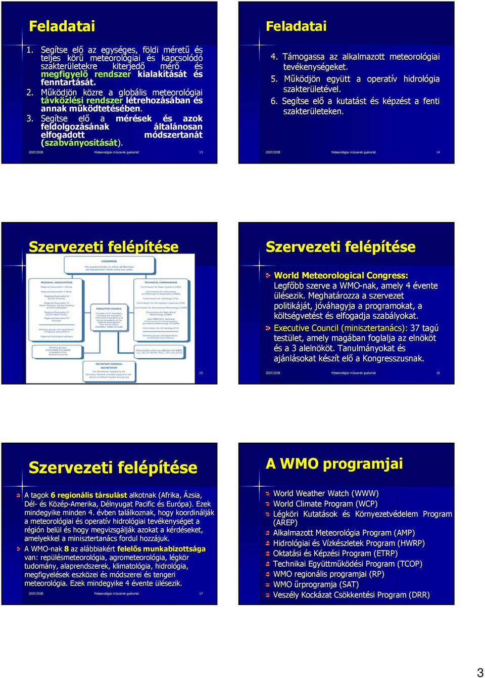 Segítse elő a mérések és azok feldolgozásának általánosan elfogadott módszertanát (szabványosítását). 2007/2008 Meteorológiai műszerek gyakorlat 13 4.