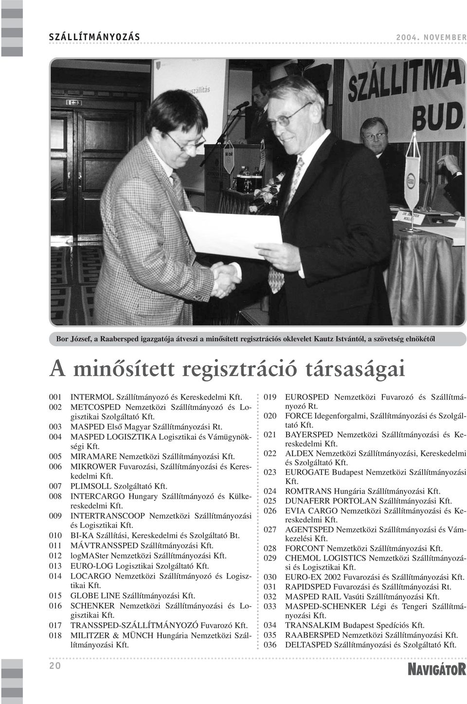 Kereskedelmi Kft. 002 METCOSPED Nemzetközi Szállítmányozó és Logisztikai Szolgáltató Kft. 003 MASPED Elsõ Magyar Szállítmányozási Rt. 004 MASPED LOGISZTIKA Logisztikai és Vámügynökségi Kft.