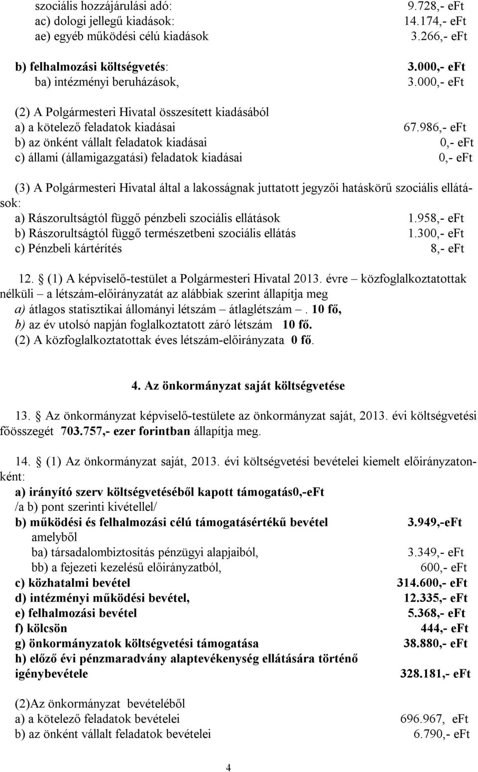 986,- eft b) az önként vállalt feladatok kiadásai 0,- eft c) állami (államigazgatási) feladatok kiadásai 0,- eft (3) A Polgármesteri Hivatal által a lakosságnak juttatott jegyzői hatáskörű szociális