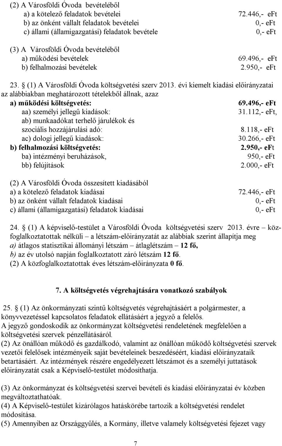496,- eft b) felhalmozási bevételek 2.950,- eft 23. (1) A Városföldi Óvoda költségvetési szerv 2013.