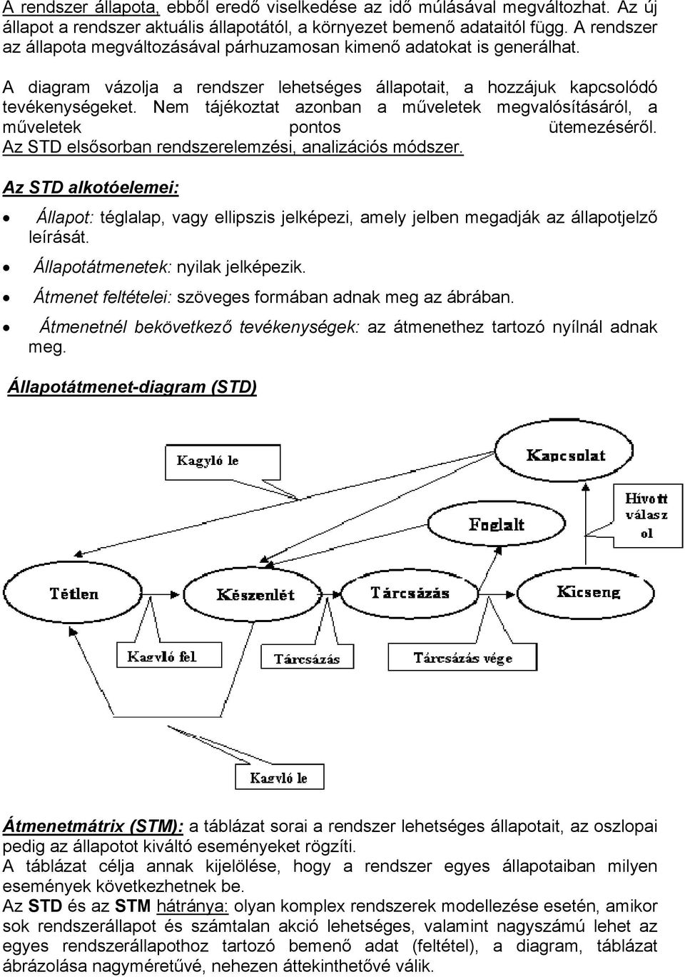 Nem tájékoztat azonban a műveletek megvalósításáról, a műveletek pontos ütemezéséről. Az STD elsősorban rendszerelemzési, analizációs módszer.