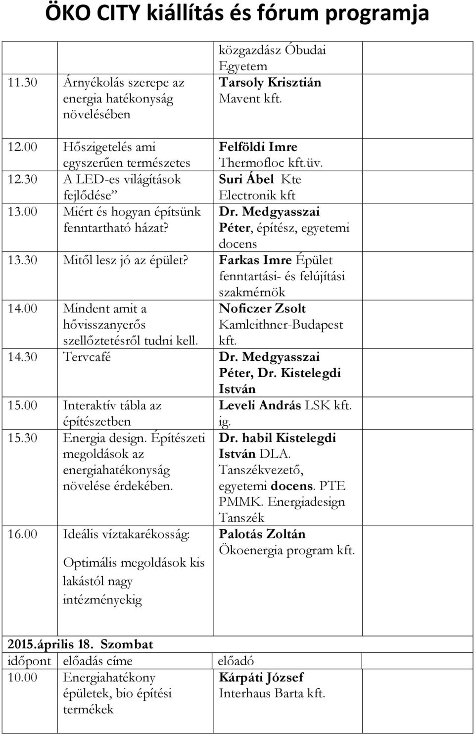 30 Mitől lesz jó az épület? Farkas Imre Épület 14.00 Mindent amit a 14.30 Tervcafé Dr. Medgyasszai Péter, Dr. Kistelegdi István 15.