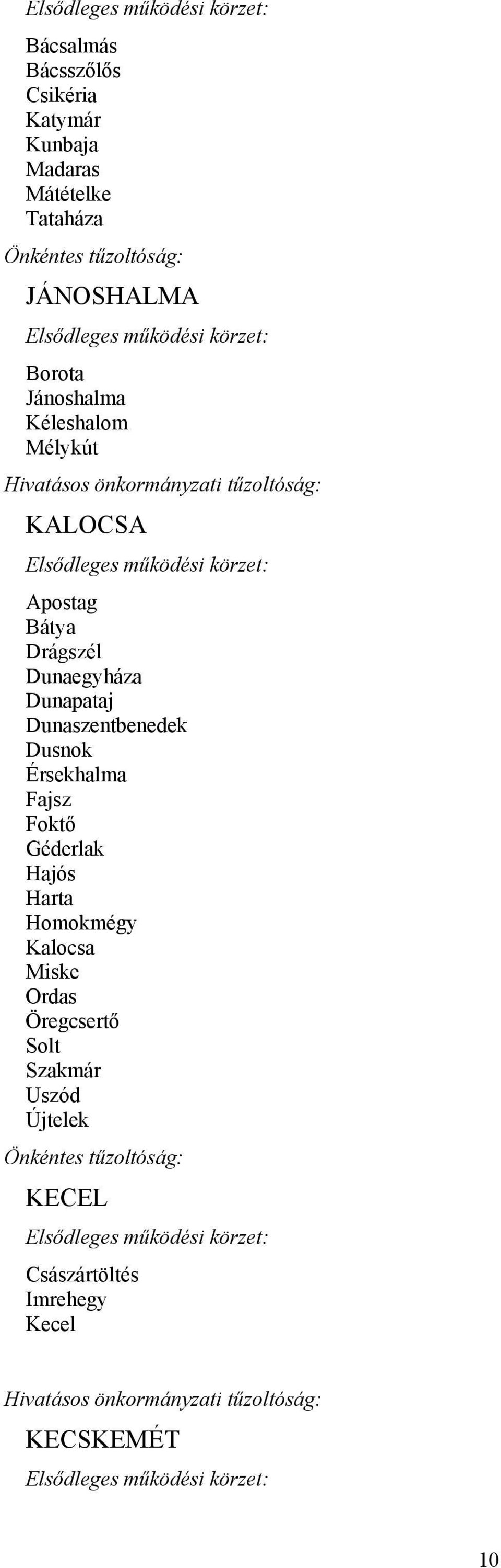 Dunapataj Dunaszentbenedek Dusnok Érsekhalma Fajsz Foktő Géderlak Hajós Harta Homokmégy Kalocsa