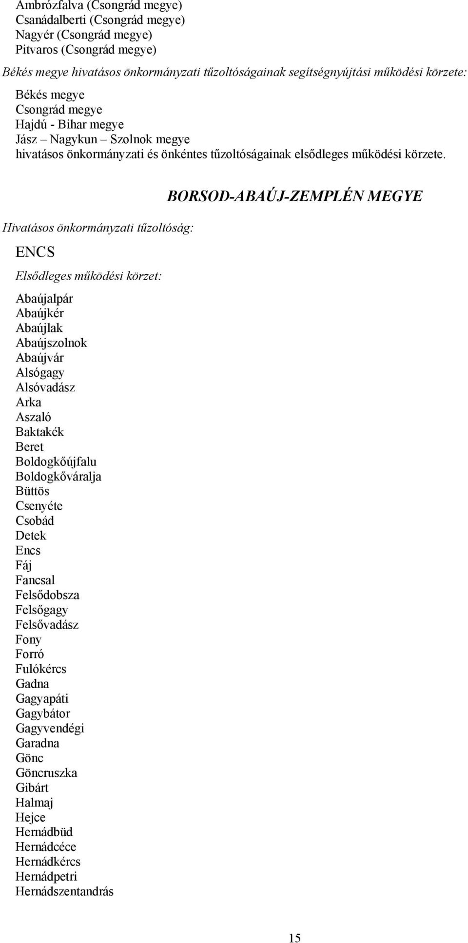ENCS Abaújalpár Abaújkér Abaújlak Abaújszolnok Abaújvár Alsógagy Alsóvadász Arka Aszaló Baktakék Beret Boldogkőújfalu Boldogkőváralja Büttös Csenyéte Csobád Detek Encs Fáj Fancsal