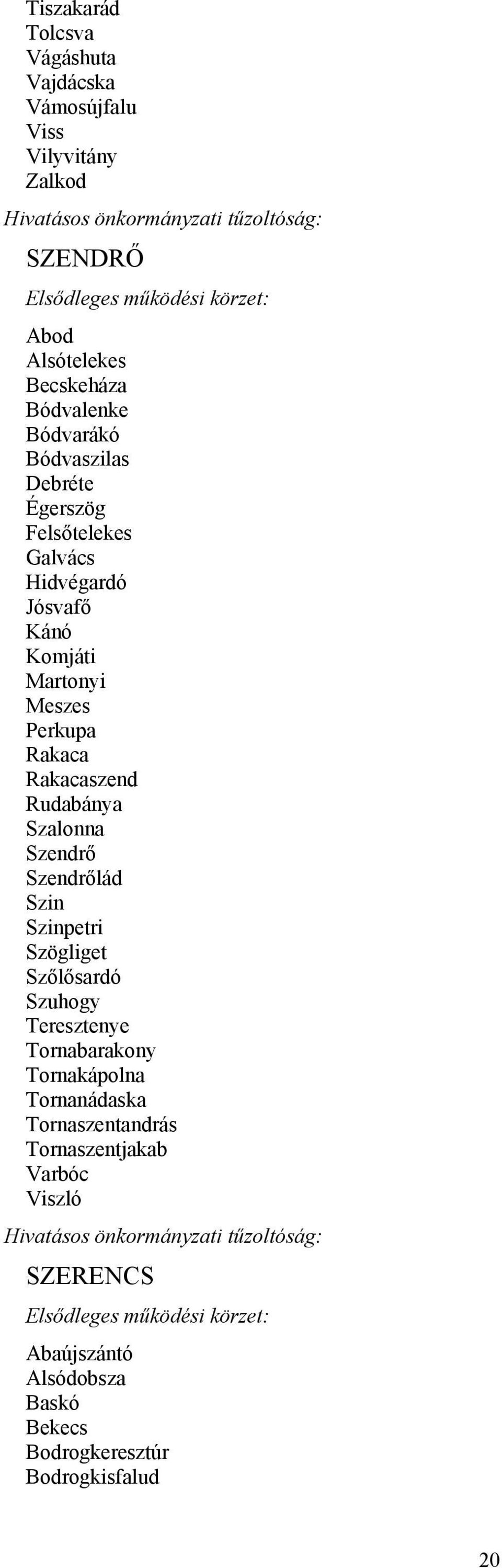 Rakacaszend Rudabánya Szalonna Szendrő Szendrőlád Szin Szinpetri Szögliget Szőlősardó Szuhogy Teresztenye Tornabarakony