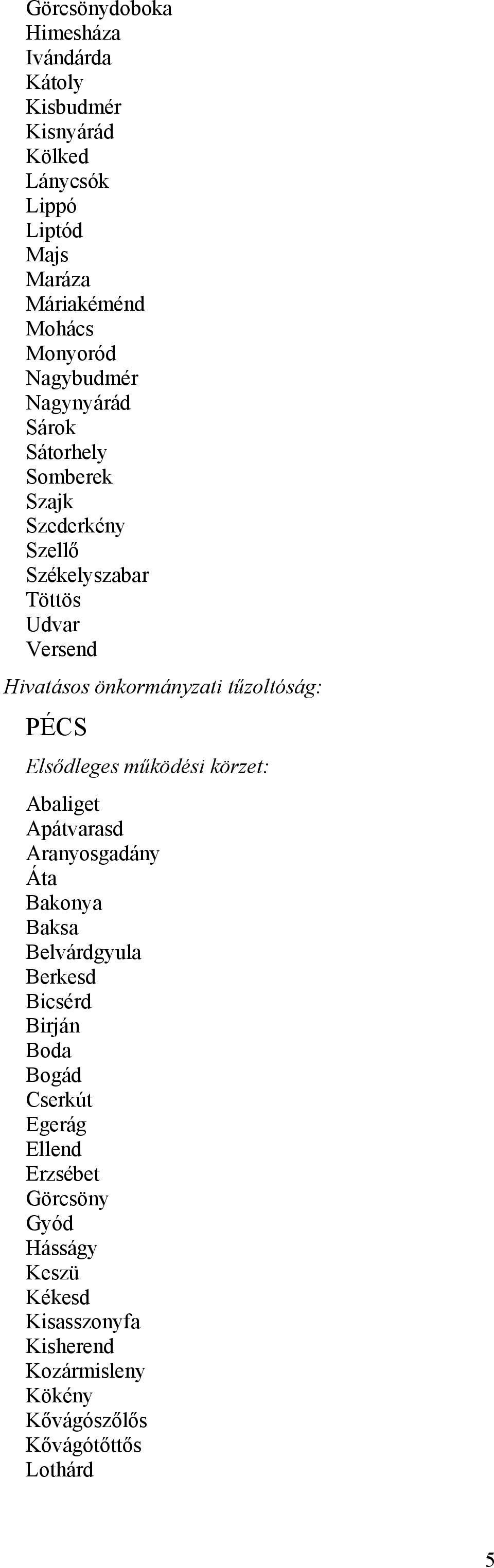 PÉCS Abaliget Apátvarasd Aranyosgadány Áta Bakonya Baksa Belvárdgyula Berkesd Bicsérd Birján Boda Bogád Cserkút Egerág