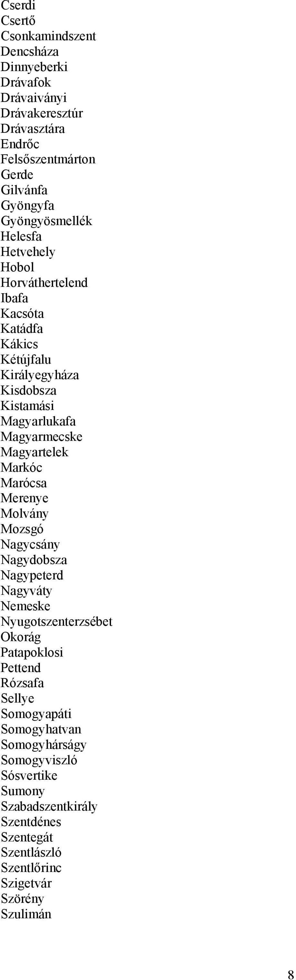 Magyartelek Markóc Marócsa Merenye Molvány Mozsgó Nagycsány Nagydobsza Nagypeterd Nagyváty Nemeske Nyugotszenterzsébet Okorág Patapoklosi Pettend Rózsafa