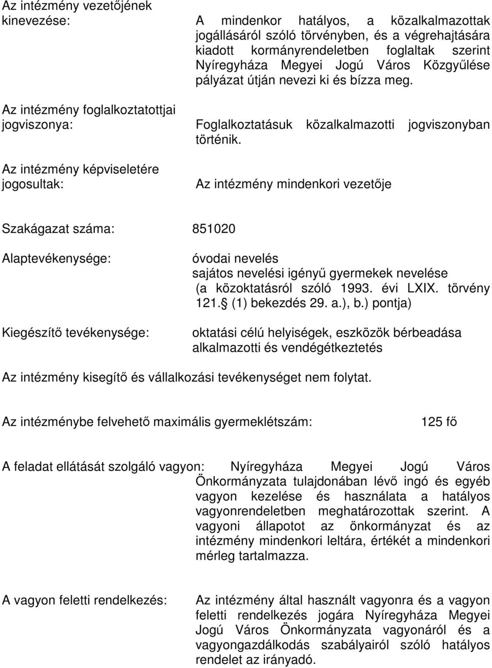 Az intézmény mindenkori vezetője Szakágazat száma: 851020 Alaptevékenysége: Kiegészítő tevékenysége: óvodai nevelés sajátos nevelési igényű gyermekek nevelése (a közoktatásról szóló 1993. évi LXIX.