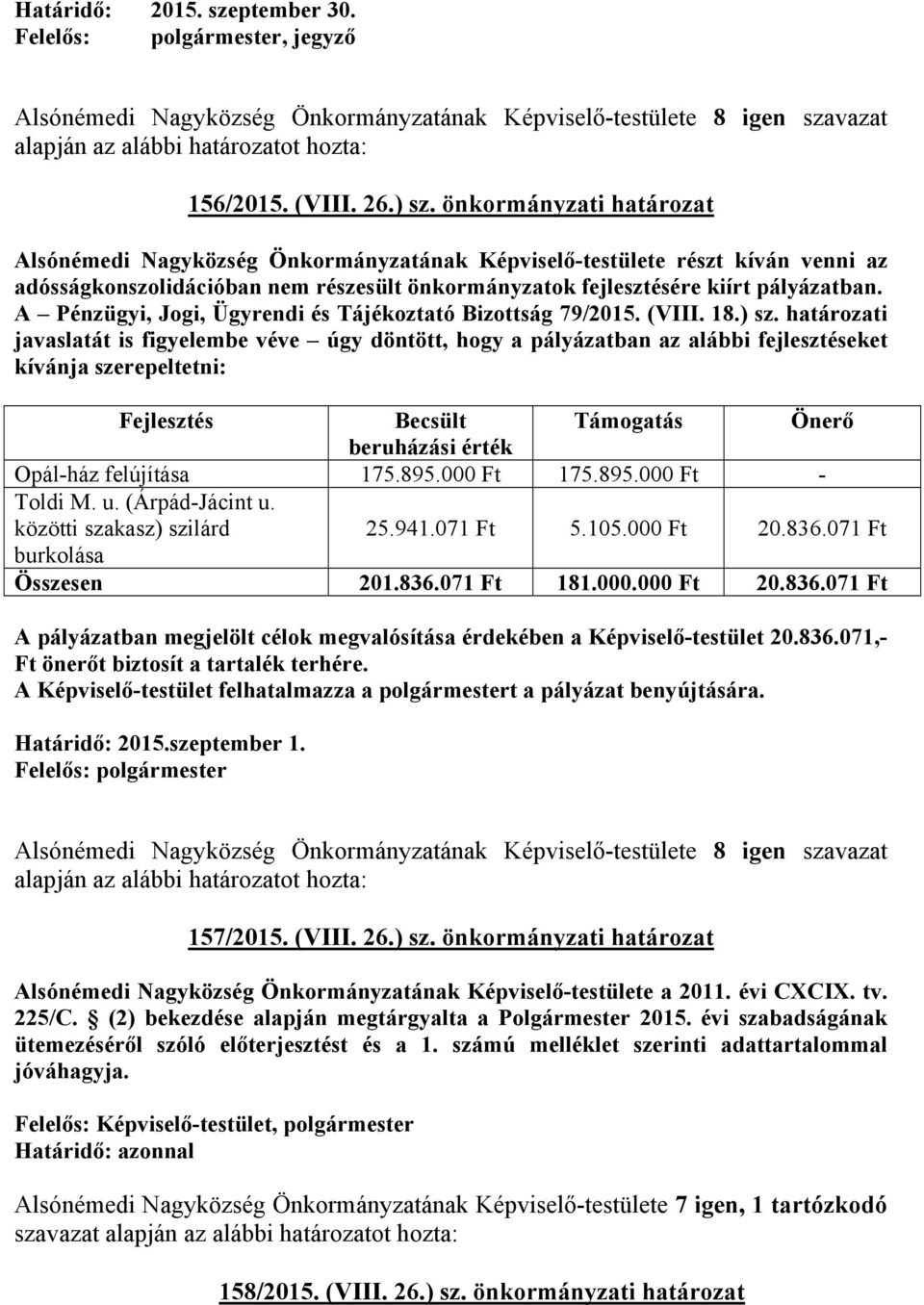 A Pénzügyi, Jogi, Ügyrendi és Tájékoztató Bizottság 79/2015. (VIII. 18.) sz.