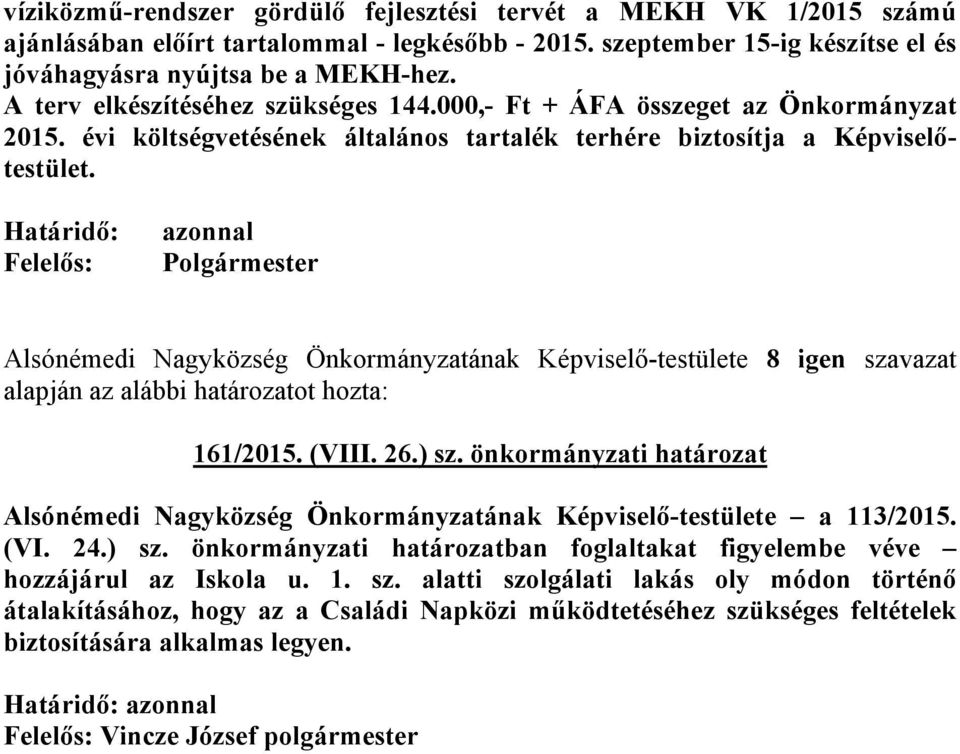 Határidő: Felelős: azonnal Polgármester 161/2015. (VIII. 26.) sz. önkormányzati határozat Alsónémedi Nagyközség Önkormányzatának Képviselő-testülete a 113/2015. (VI. 24.) sz. önkormányzati határozatban foglaltakat figyelembe véve hozzájárul az Iskola u.