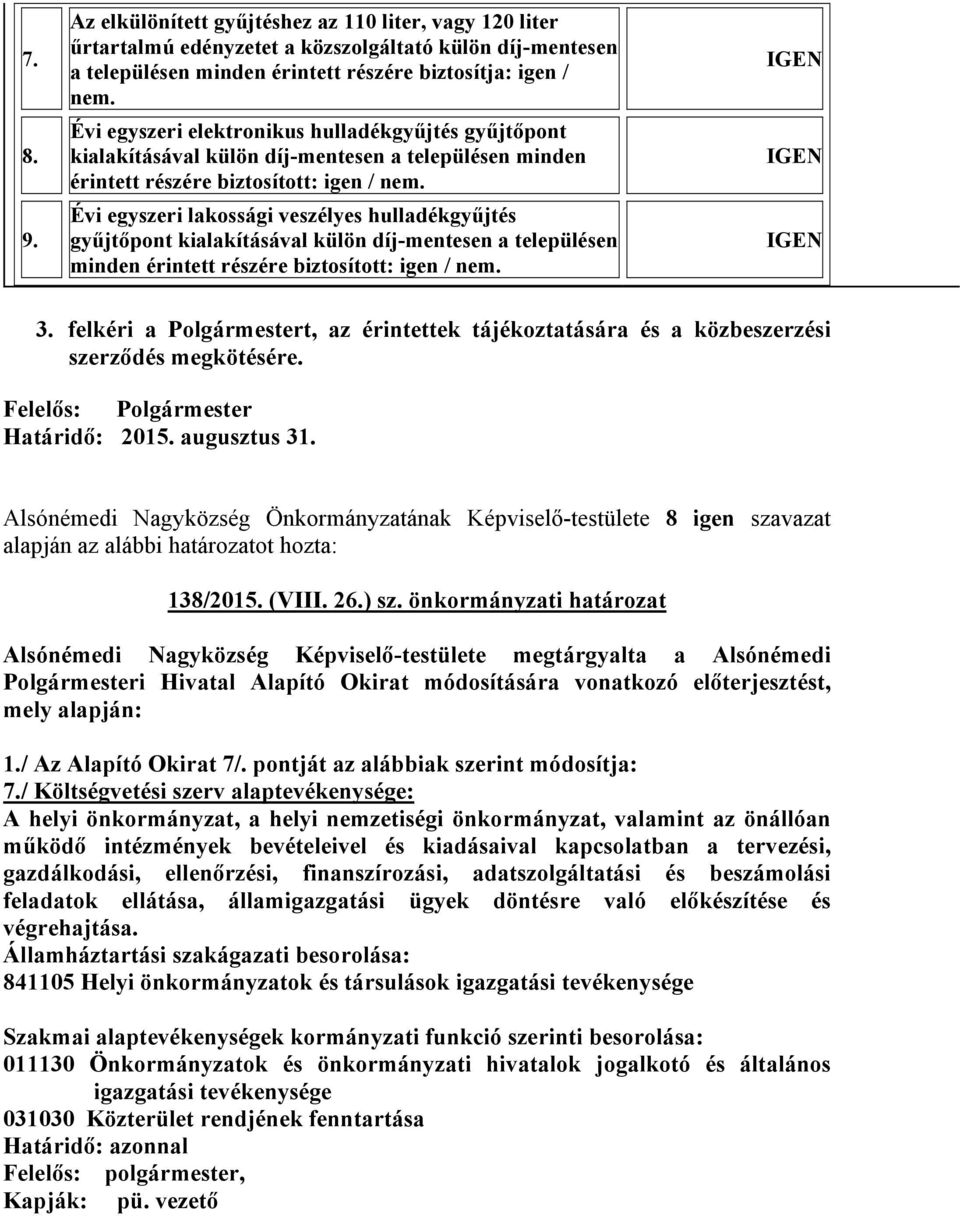 Évi egyszeri lakossági veszélyes hulladékgyűjtés gyűjtőpont kialakításával külön díj-mentesen a településen minden érintett részére biztosított: igen / nem. IGEN IGEN IGEN 3.