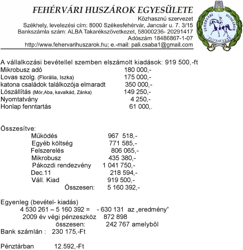 fenntartás 61 000,. Összesítve: Működés 967 518,- Egyéb költség 771 585,- Felszerelés 806 065,- Mikrobusz 435 380,- Pákozdi rendezvény 1 041 750,- Dec.