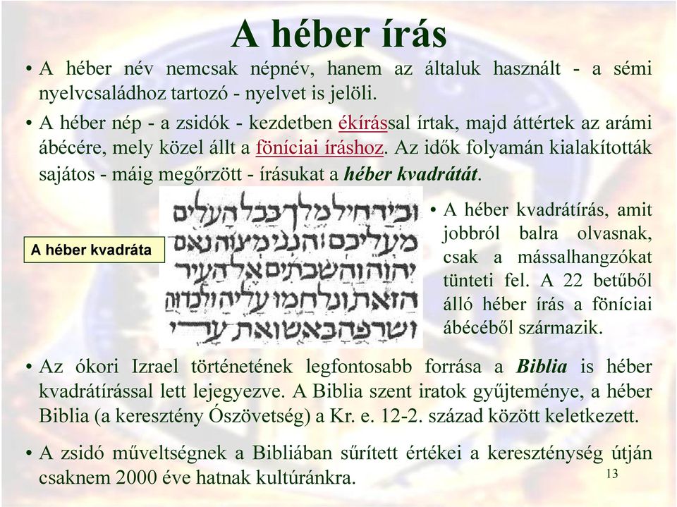 A héber kvadráta A héber kvadrátírás, amit jobbról balra olvasnak, csak a mássalhangzókat tünteti fel. A 22 betűből álló héber írás a föníciai ábécéből származik.