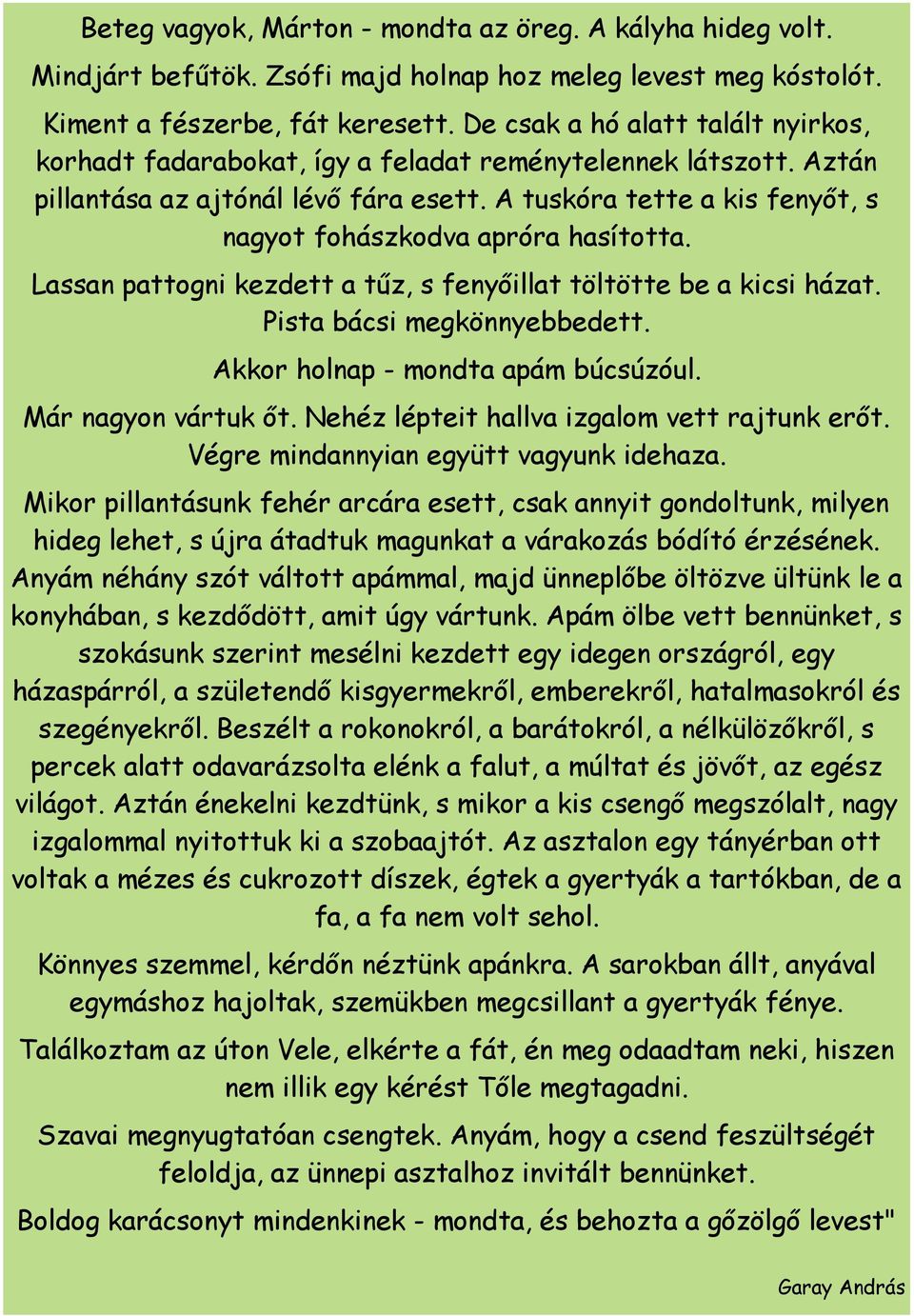 A tuskóra tette a kis fenyőt, s nagyot fohászkodva apróra hasította. Lassan pattogni kezdett a tűz, s fenyőillat töltötte be a kicsi házat. Pista bácsi megkönnyebbedett.