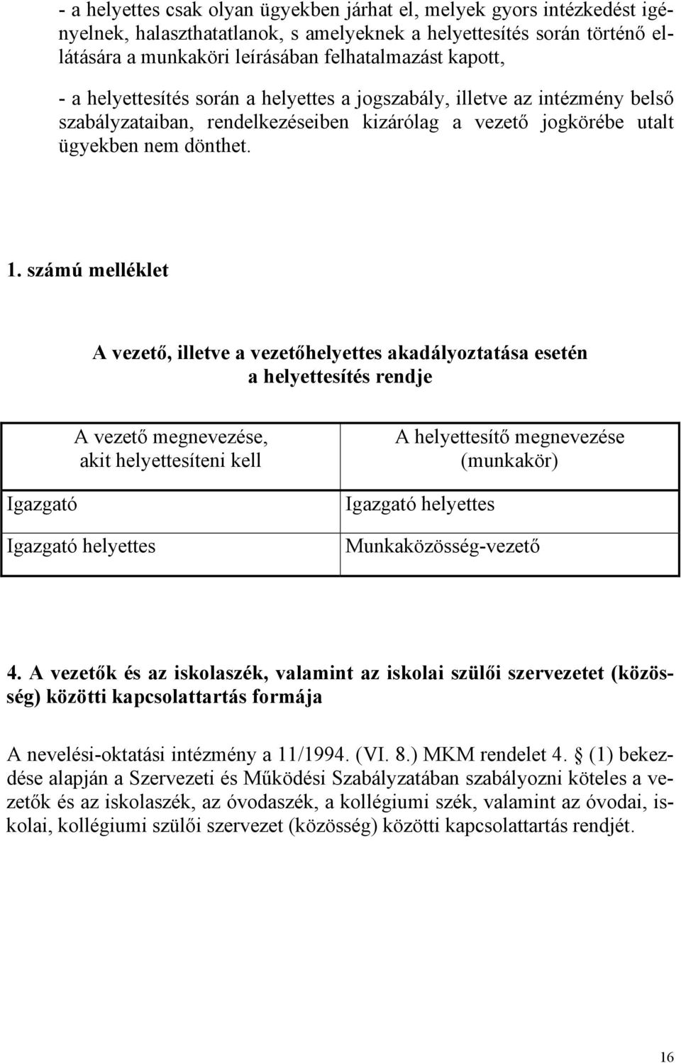 számú melléklet A vezető, illetve a vezetőhelyettes akadályoztatása esetén a helyettesítés rendje Igazgató A vezető megnevezése, akit helyettesíteni kell Igazgató helyettes A helyettesítő megnevezése