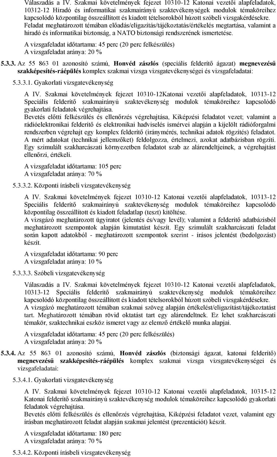 3. Az 55 863 01 számú, Honvéd zászlós (speciális felderítő ágazat) megnevezésű szakképesítés-ráépülés komplex szakmai vizsga i és vizsgafeladatai: 5.3.3.1. Gyakorlati vizsgatevékenység A IV.