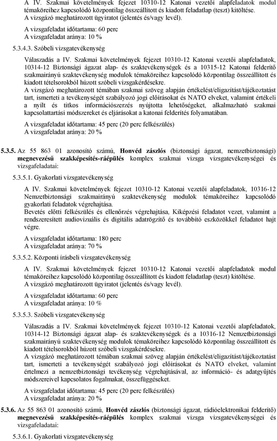 4.3. Szóbeli vizsgatevékenység 10314-12 Biztonsági ágazat alap- és szaktevékenységek és a 10315-12 Katonai felderítő szakmairányú szaktevékenység modulok témaköreihez kapcsolódó központilag