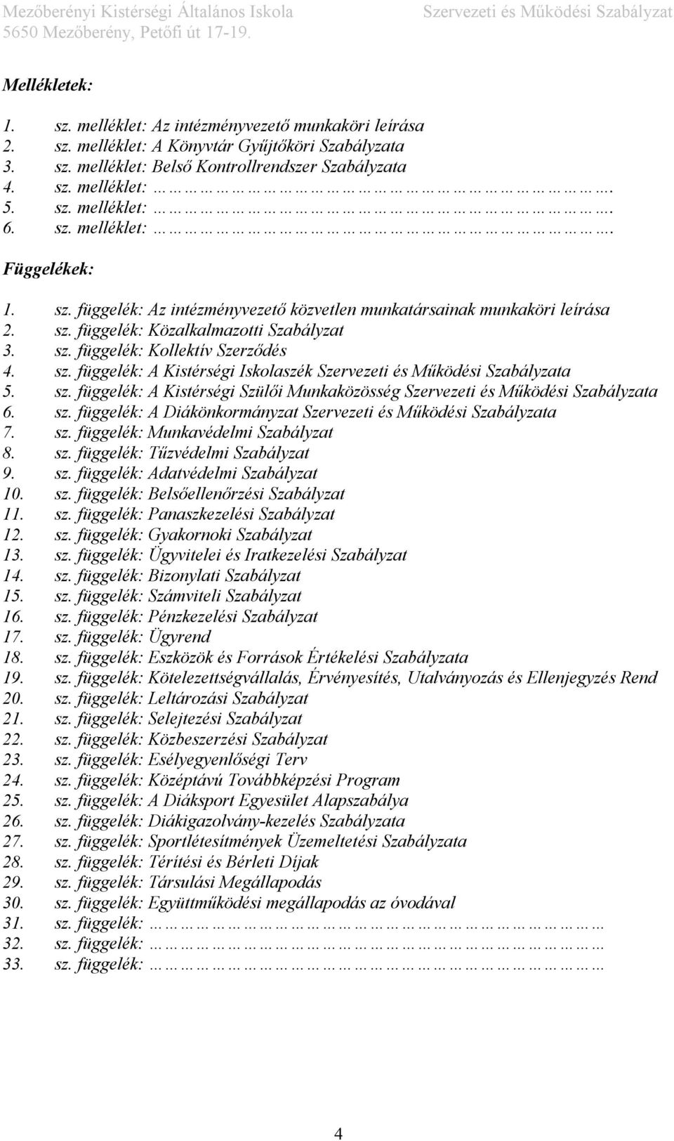 sz. függelék: A Kistérségi Szülői Munkaközösség a 6. sz. függelék: A Diákönkormányzat a 7. sz. függelék: Munkavédelmi Szabályzat 8. sz. függelék: Tűzvédelmi Szabályzat 9. sz. függelék: Adatvédelmi Szabályzat 10.