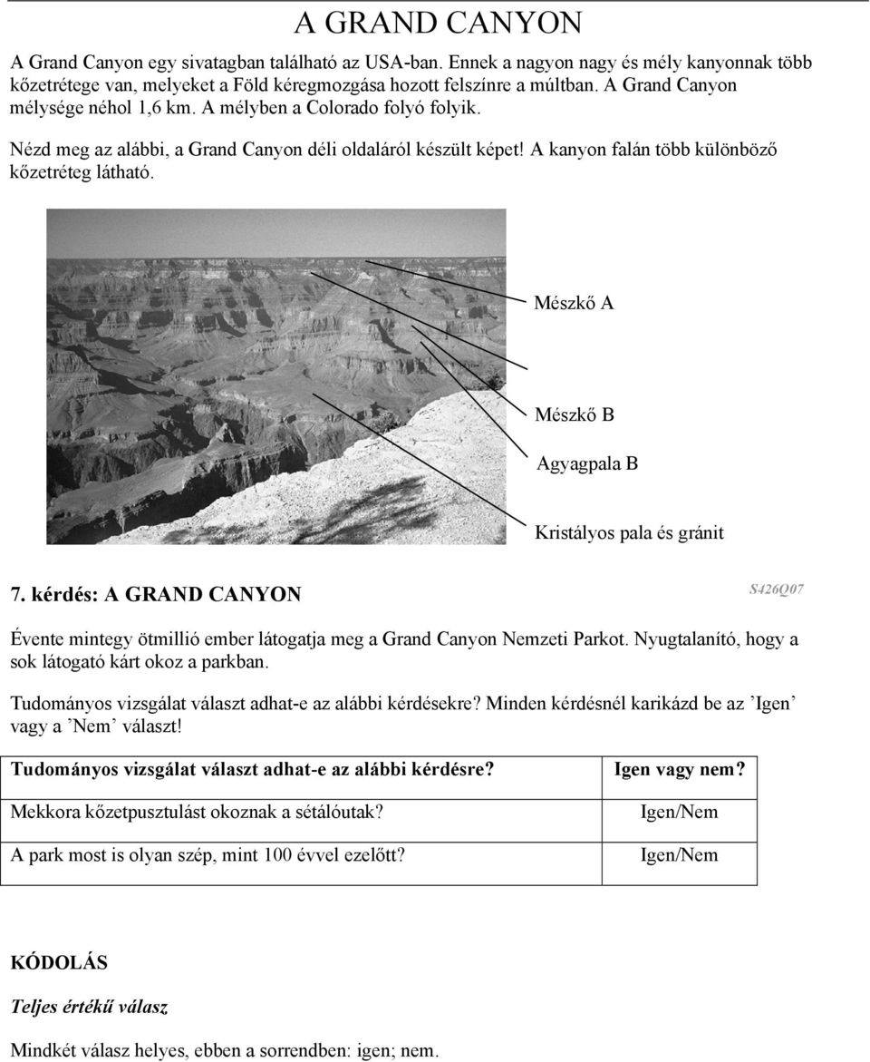 Mészkő A Mészkő B Agyagpala B Kristályos pala és gránit 7. kérdés: A GRAND CANYON S426Q07 Évente mintegy ötmillió ember látogatja meg a Grand Canyon Nemzeti Parkot.