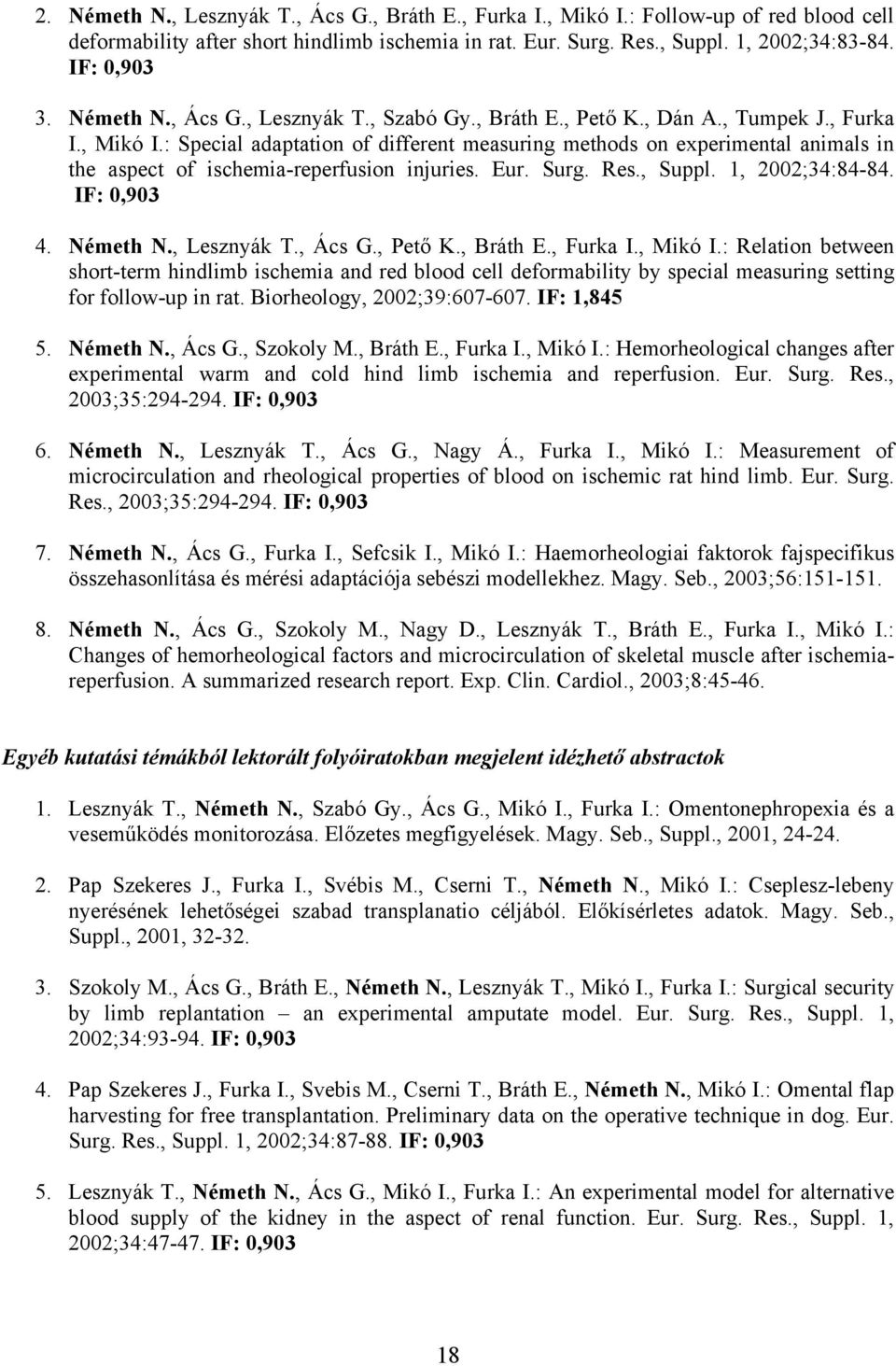 : Special adaptation of different measuring methods on experimental animals in the aspect of ischemia-reperfusion injuries. Eur. Surg. Res., Suppl. 1, 2002;34:84-84. IF: 0,903 4. Németh N.