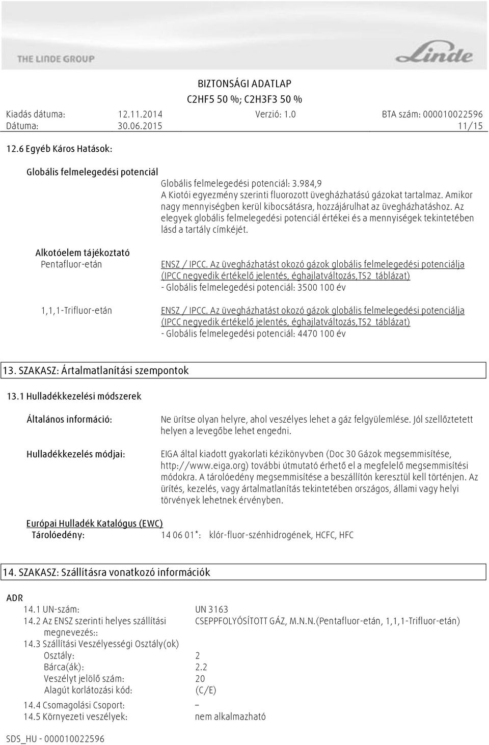 Alkotóelem tájékoztató Pentafluor-etán 1,1,1-Trifluor-etán ENSZ / IPCC.