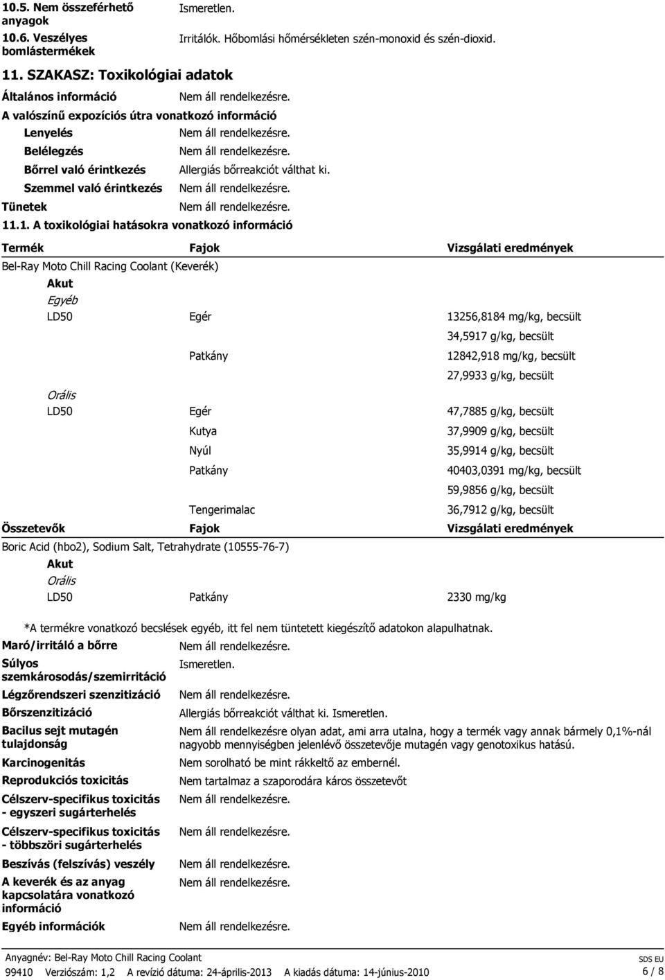 Szemmel való érintkezés Tünetek 11.1. A toxikológiai hatásokra vonatkozó információ Irritálók. Hőbomlási hőmérsékleten szénmonoxid és széndioxid.