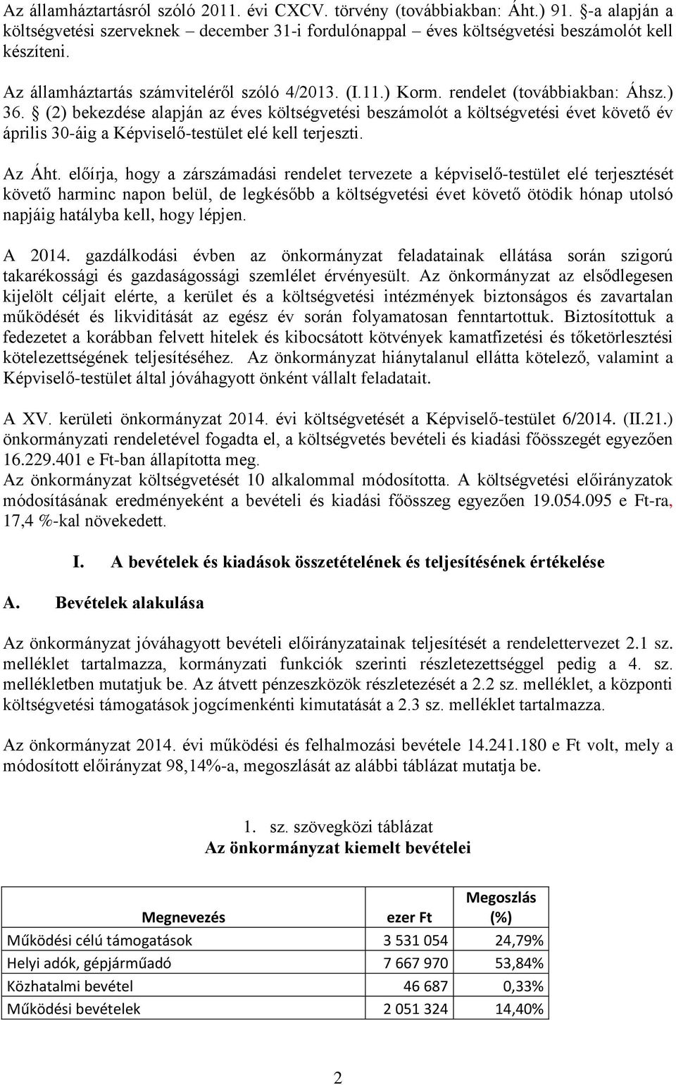 (2) bekezdése alapján az éves költségvetési beszámolót a költségvetési évet követő év április 30-áig a Képviselő-testület elé kell terjeszti. Az Áht.