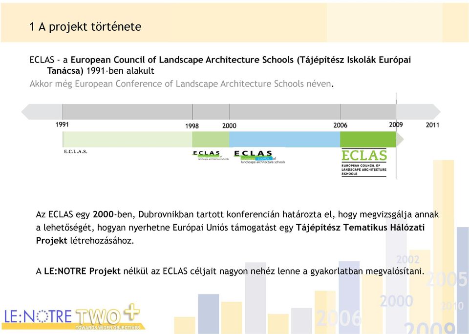 Az ECLAS egy 2000-ben, Dubrovnikban tartott konferencián határozta el, hogy megvizsgálja annak a lehetőségét, hogyan nyerhetne