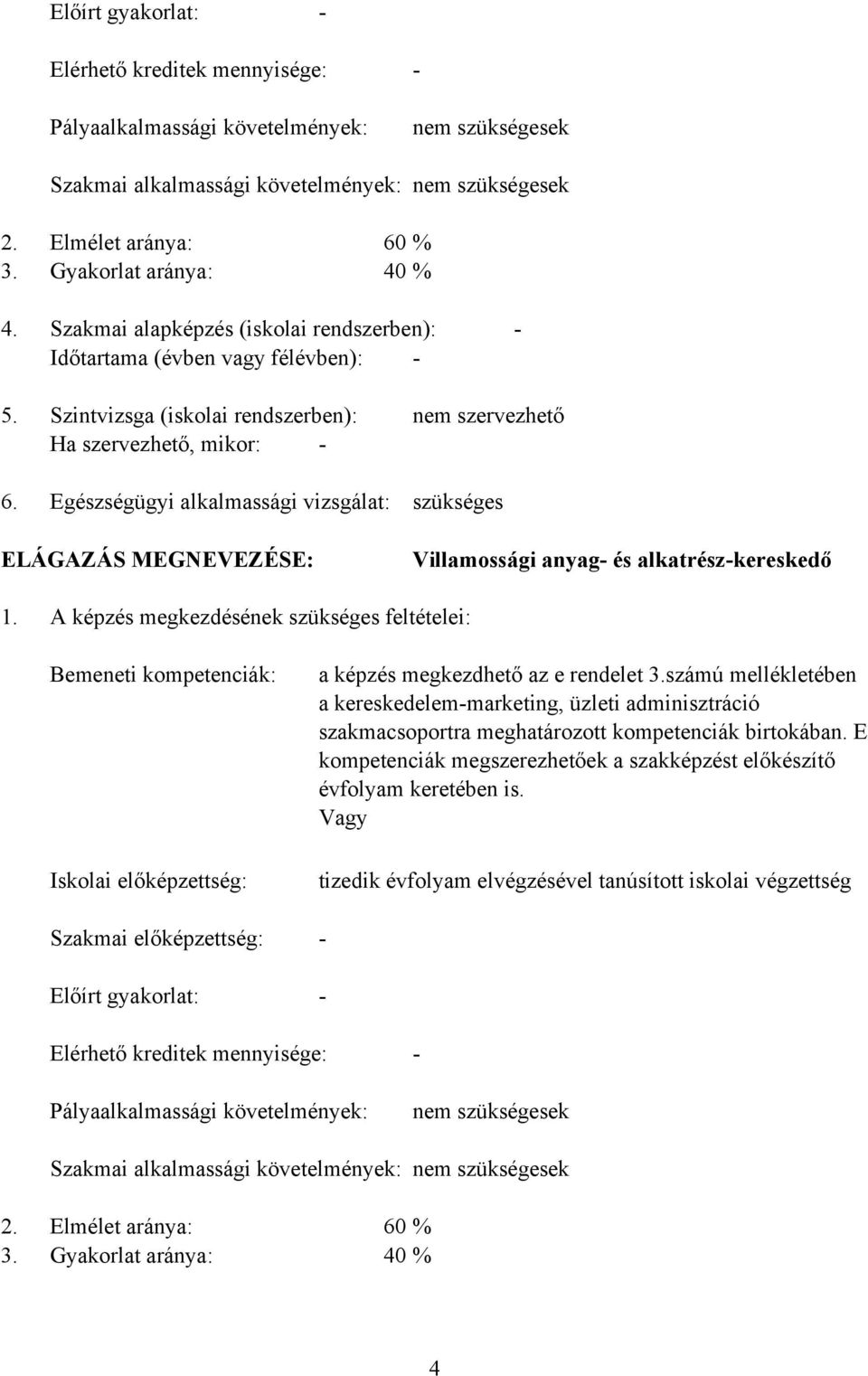 Szintvizsga (iskolai rendszerben): Ha szervezhető, mikor: Egészségügyi alkalmassági vizsgálat: nem szervezhető szükséges ELÁGAZÁS MEGNEVEZÉSE: Villamossági anyag és alkatrészkereskedő 1.