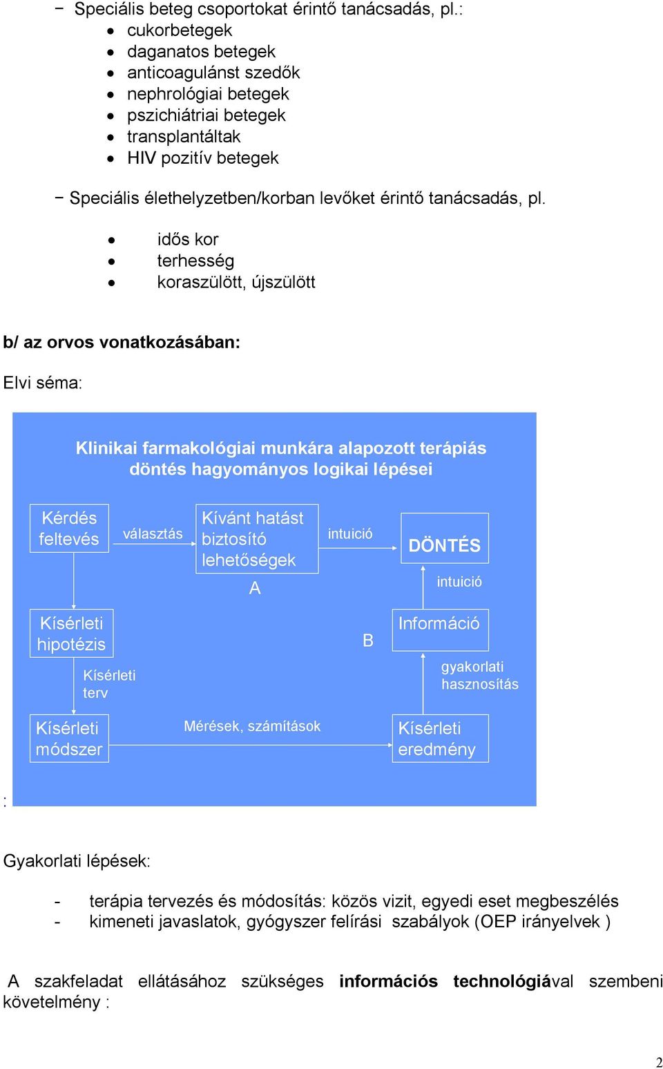 idős kor terhesség koraszülött, újszülött b/ az orvos vonatkozásában: Elvi séma: Klinikai farmakológiai munkára alapozott terápiás döntés hagyományos logikai lépései Kérdés feltevés választás Kívánt