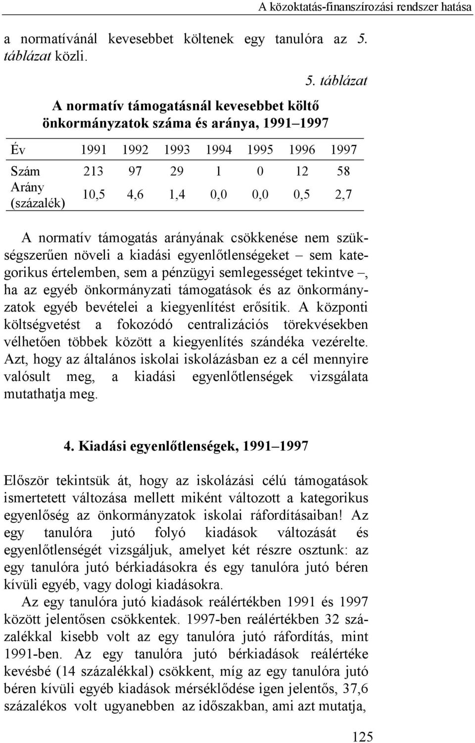 táblázat A normatív támogatásnál kevesebbet költő önkormányzatok száma és aránya, 1991 1997 Év 1991 1992 1993 1994 1995 1996 1997 Szám 213 97 29 1 0 12 58 Arány (százalék) 10,5 4,6 1,4 0,0 0,0 0,5