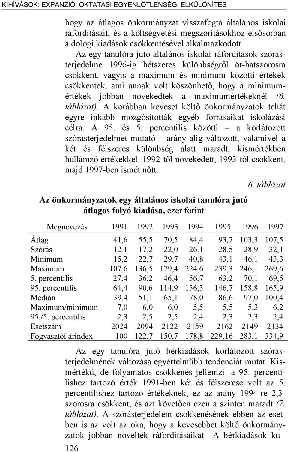 Az egy tanulóra jutó általános iskolai ráfordítások szórásterjedelme 1996-ig hétszeres különbségről öt-hatszorosra csökkent, vagyis a maximum és minimum közötti értékek csökkentek, ami annak volt