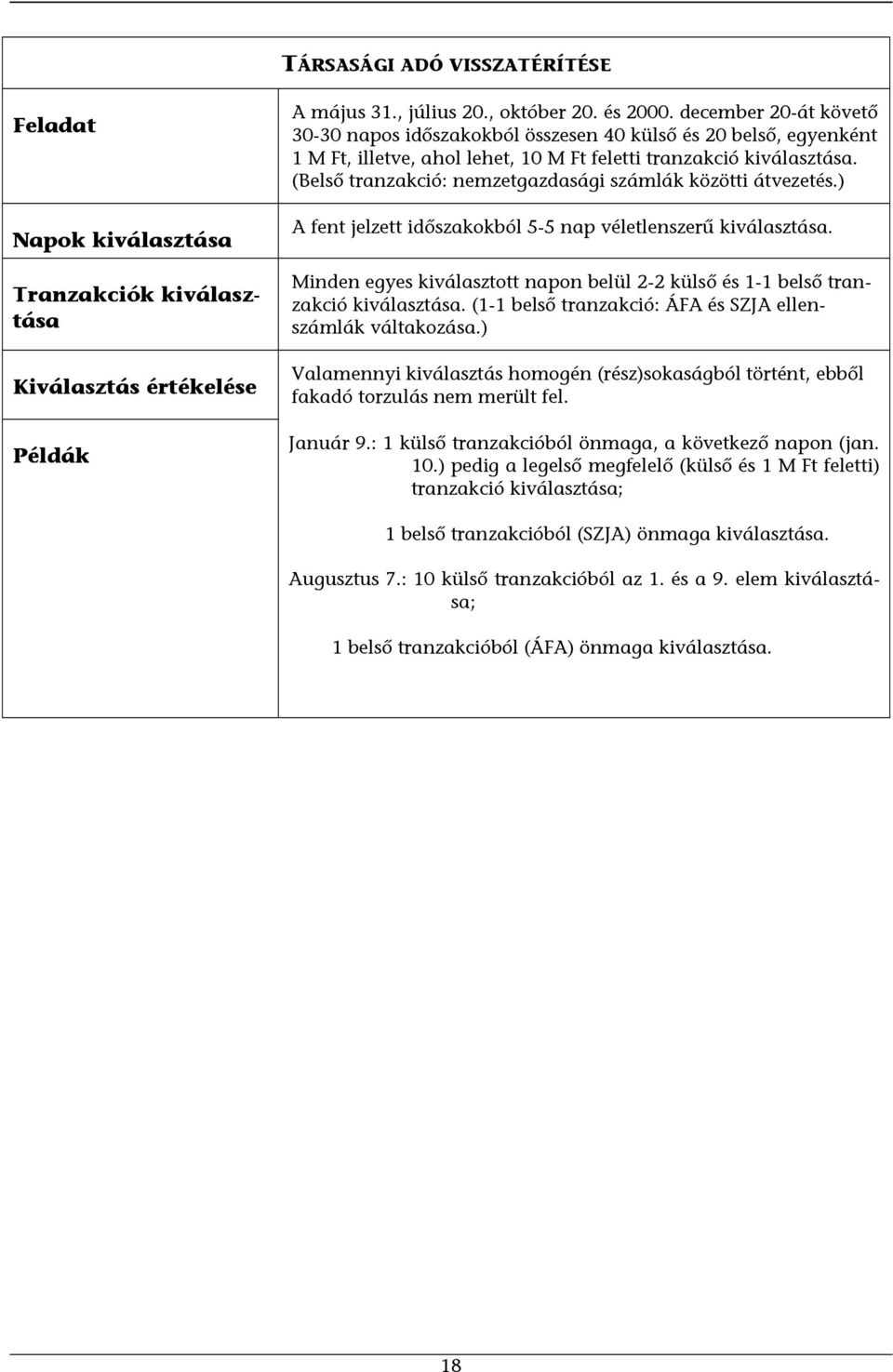 (Belső tranzakció: nemzetgazdasági számlák közötti átvezetés.) A fent jelzett időszakokból 5-5 nap véletlenszerű kiválasztása.