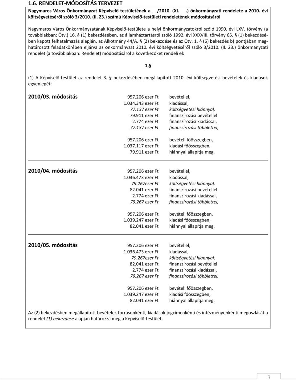 (1) bekezdésében, az államháztartásról szóló 1992. évi XXXVIII. törvény 65. (1) bekezdésében kapott felhatalmazás alapján, az Alkotmány 44/A. (2) bekezdése és az Ötv. 1. (6) bekezdés b) pontjában meghatározott feladatkörében eljárva az önkormányzat 2010.