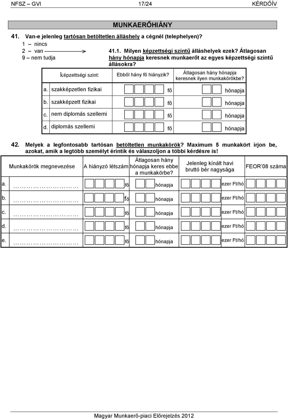 szakképzett fizikai hónapja c. nem diplomás szellemi hónapja d. diplomás szellemi hónapja 42. Melyek a legfontosabb tartósan betöltetlen munkakörök?