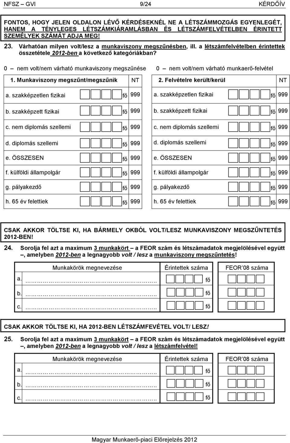 0 nem volt/nem várható munkaviszony megszőnése 0 nem volt/nem várható munkaerı-felvétel 1. Munkaviszony megszőnt/megszőnik NT 2. Felvételre került/kerül NT a. szakképzetlen fizikai 999 a.