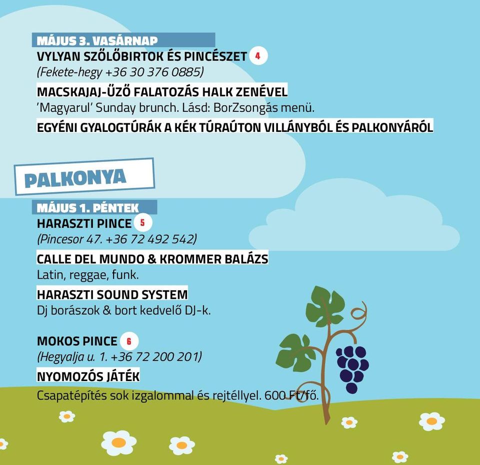 Lásd: BorZsongás menü. egyéni gyalogtúrák a Kék túraúton Villányból és Palkonyáról 4 PALKONYA Május 1.