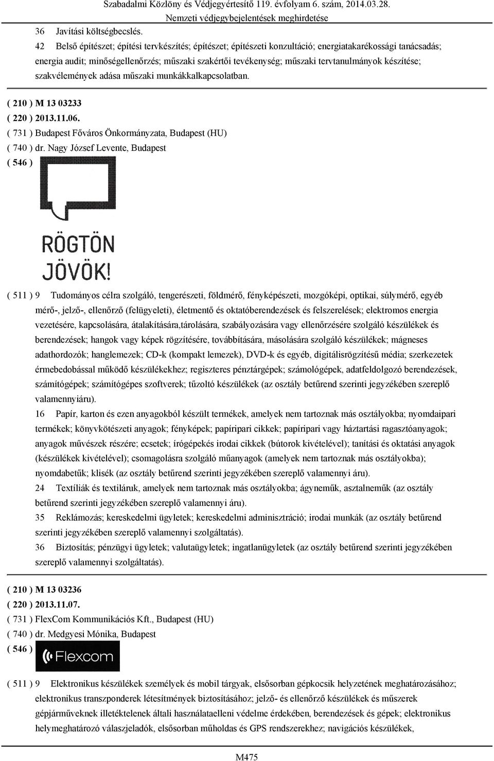 készítése; szakvélemények adása műszaki munkákkalkapcsolatban. ( 210 ) M 13 03233 ( 220 ) 2013.11.06. ( 731 ) Budapest Főváros Önkormányzata, Budapest (HU) ( 740 ) dr.