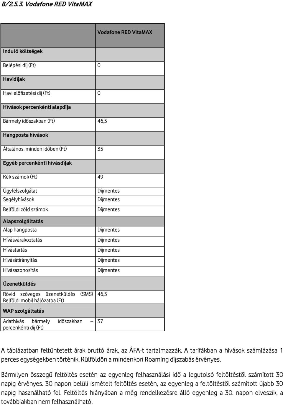 Általános, minden időben (Ft) 35 Egyéb percenkénti hívásdíjak Kék számok (Ft) 49 Ügyfélszolgálat Segélyhívások Belföldi zöld számok Alapszolgáltatás Alap hangposta Hívásvárakoztatás Hívástartás