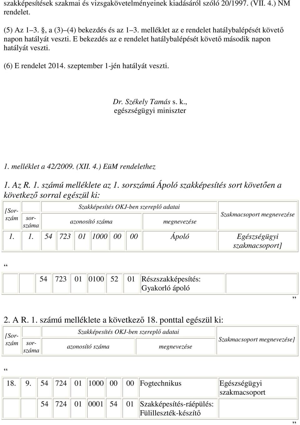 szeptember 1-jén hatályát veszti. Dr. Székely Tamás s. k., egészségügyi miniszter 1. melléklet a 42/2009. (XII. 4.) EüM rendelethez 1. Az R. 1. számú melléklete az 1.