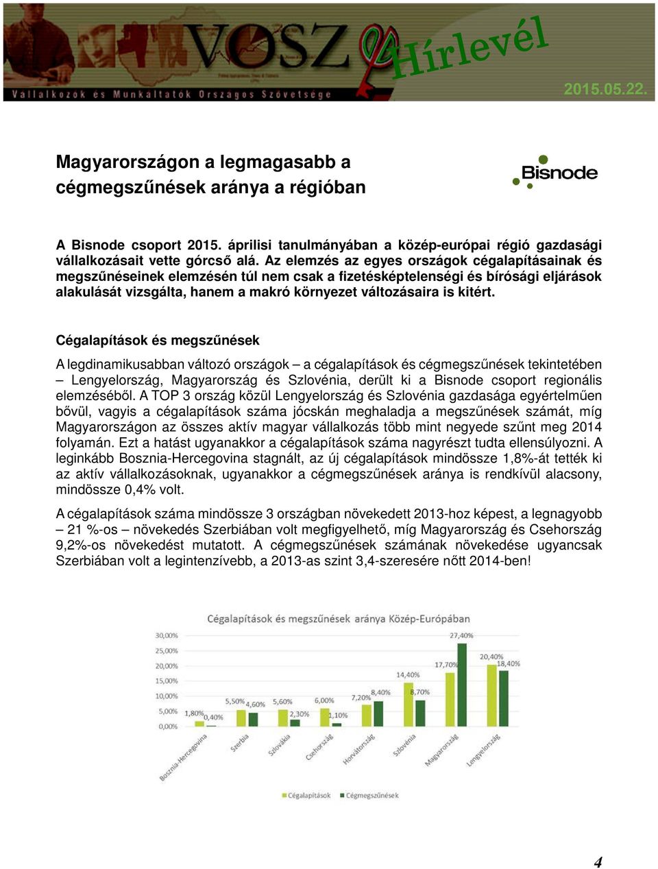 Cégalapítások és megszűnések A legdinamikusabban változó országok a cégalapítások és cégmegszűnések tekintetében Lengyelország, Magyarország és Szlovénia, derült ki a Bisnode csoport regionális