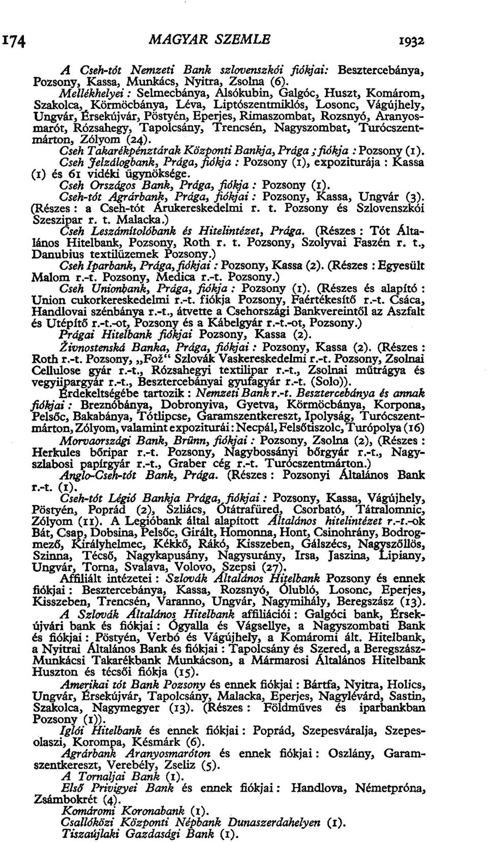 Aranyosmarót, Rózsahegy, Tapolcsány, Trencsén, Nagyszombat, Turócszentmárton, Zólyom (24). Cseh Takarékpénztárák Központi Bankja, Prága ; fiókja : Pozsony (1).