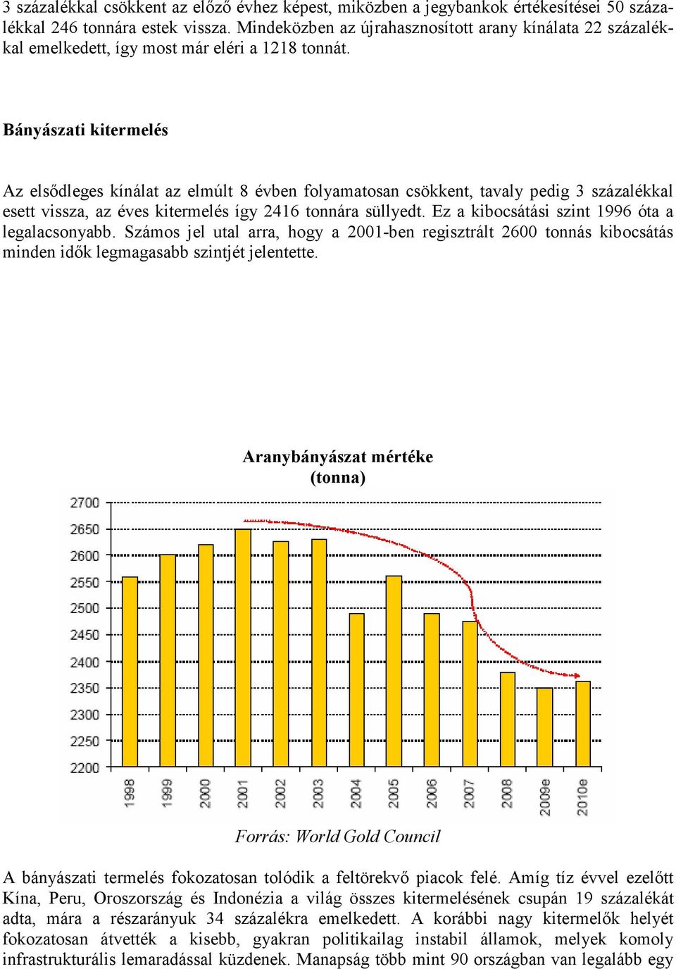 Bányászati kitermelés Az elsıdleges kínálat az elmúlt 8 évben folyamatosan csökkent, tavaly pedig 3 százalékkal esett vissza, az éves kitermelés így 2416 tonnára süllyedt.