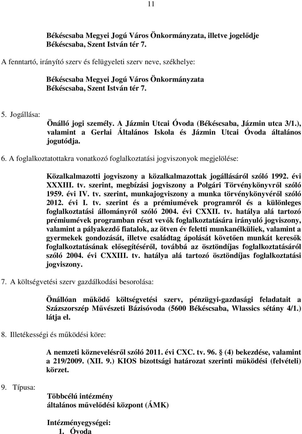 A Jázmin Utcai Óvoda (Békéscsaba, Jázmin utca 3/1.), valamint a Gerlai Általános Iskola és Jázmin Utcai Óvoda általános jogutódja. 6.